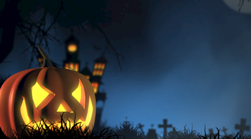 halloween night cartoon of pumpkin in graveyard