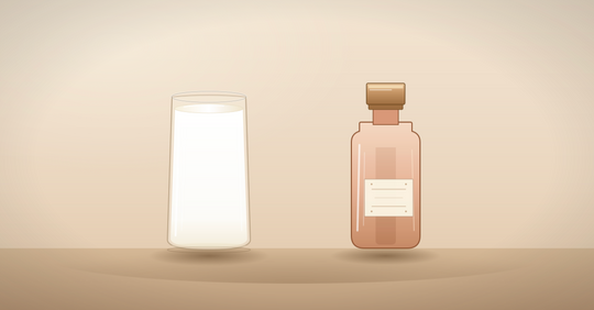 Cartoon image of bottle of milk beside perfume bottle. 