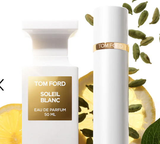 Soleil Blanc Eau de Parfum with Amber & Bergamot presented in packaging. 