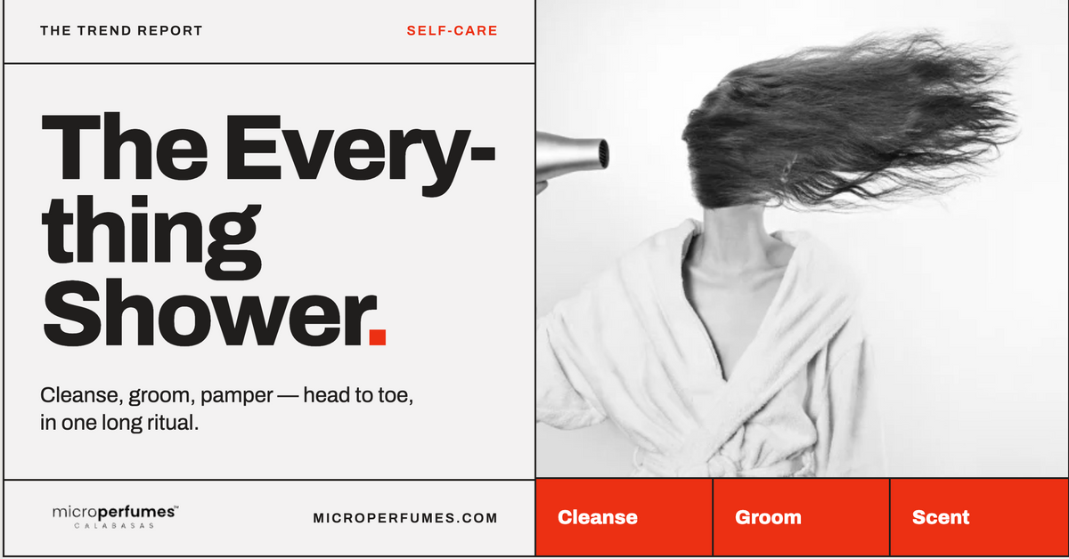 everything shower trend feature image that has woman blowdrying her hair