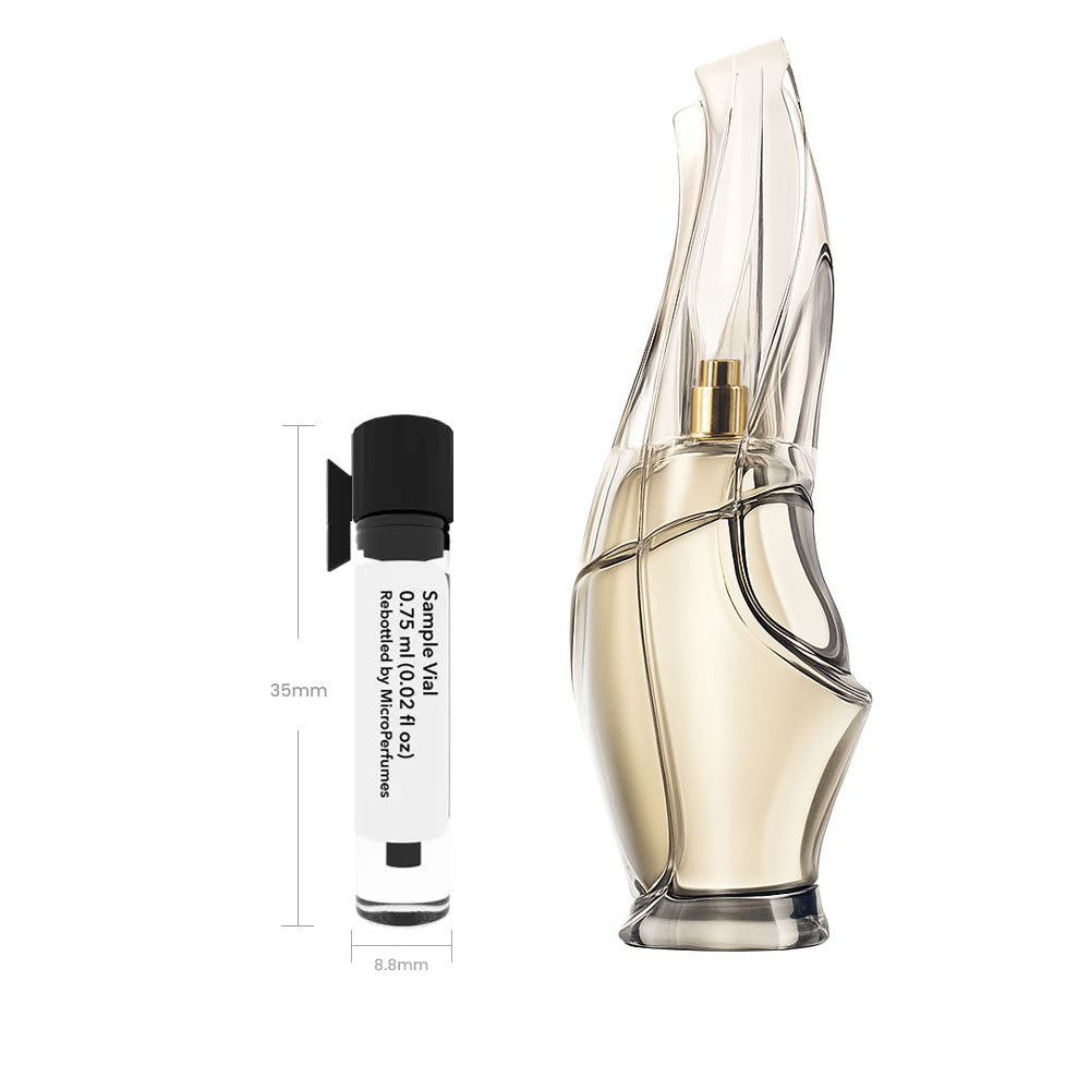 Donna Karan Cashmere Mist EDP women's sample vial (0.75ml/0.025 fl oz): clear glass with black cap and dabber applicator.