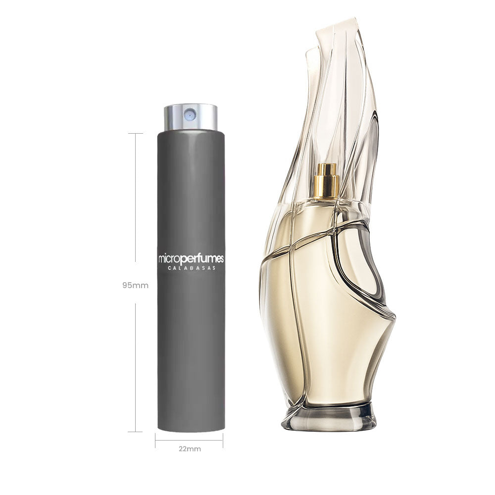 Donna Karan Cashmere Mist EDP women's travel spray (5ml/0.17 fl oz): gray cylindrical glass bottle with silver cap and spray atomizer.